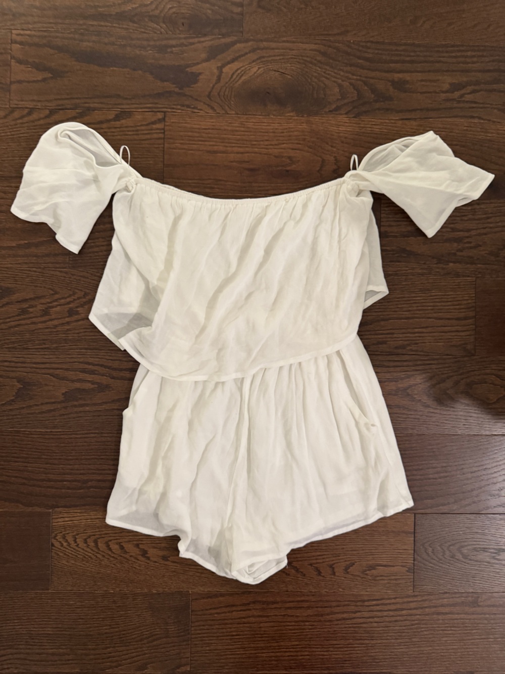Off-Shoulder White Romper with Ruffle Overlay